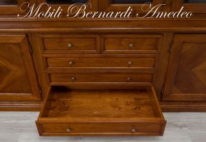 LB55 Walnut Bookcase Raised Base Inlaid Doors Glass Doors 12 Drawers